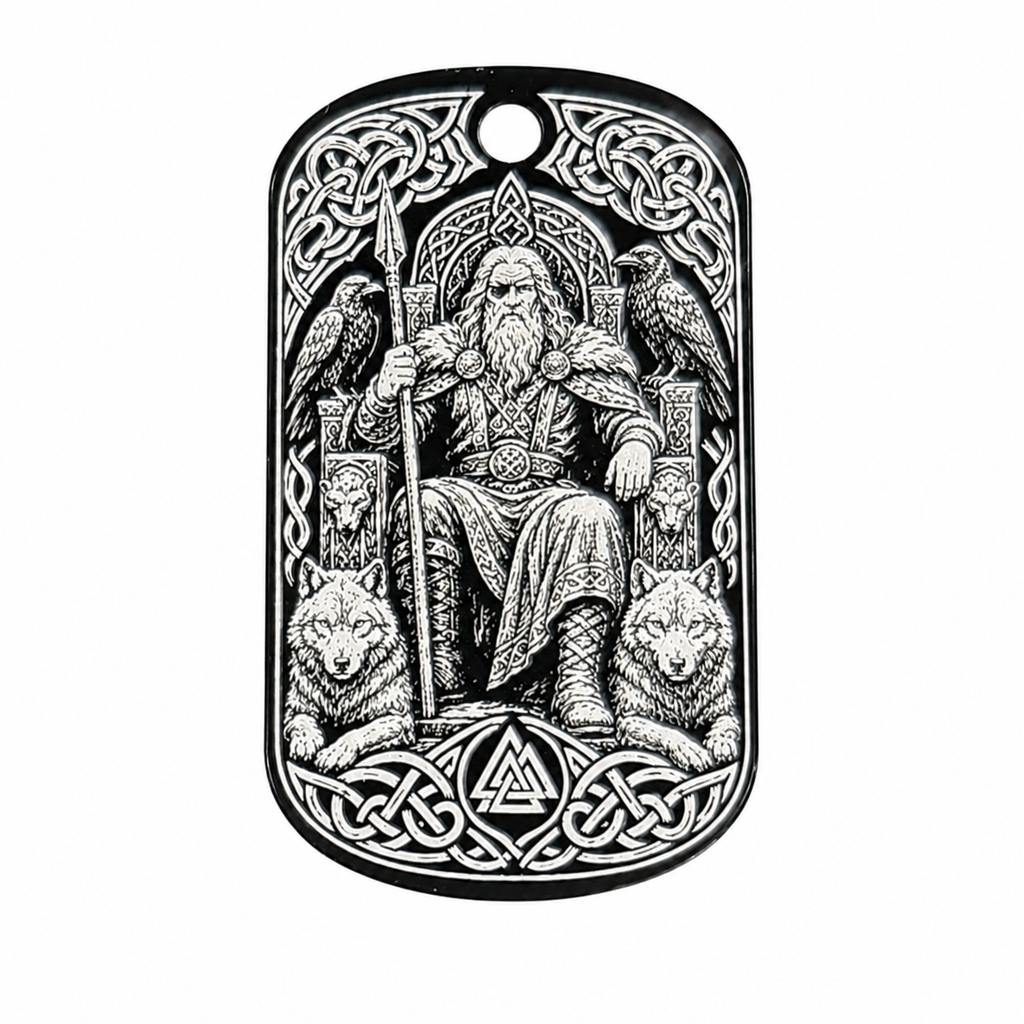 Odin auf dem Thron – Dog-Tag mit Raben und Wölfen