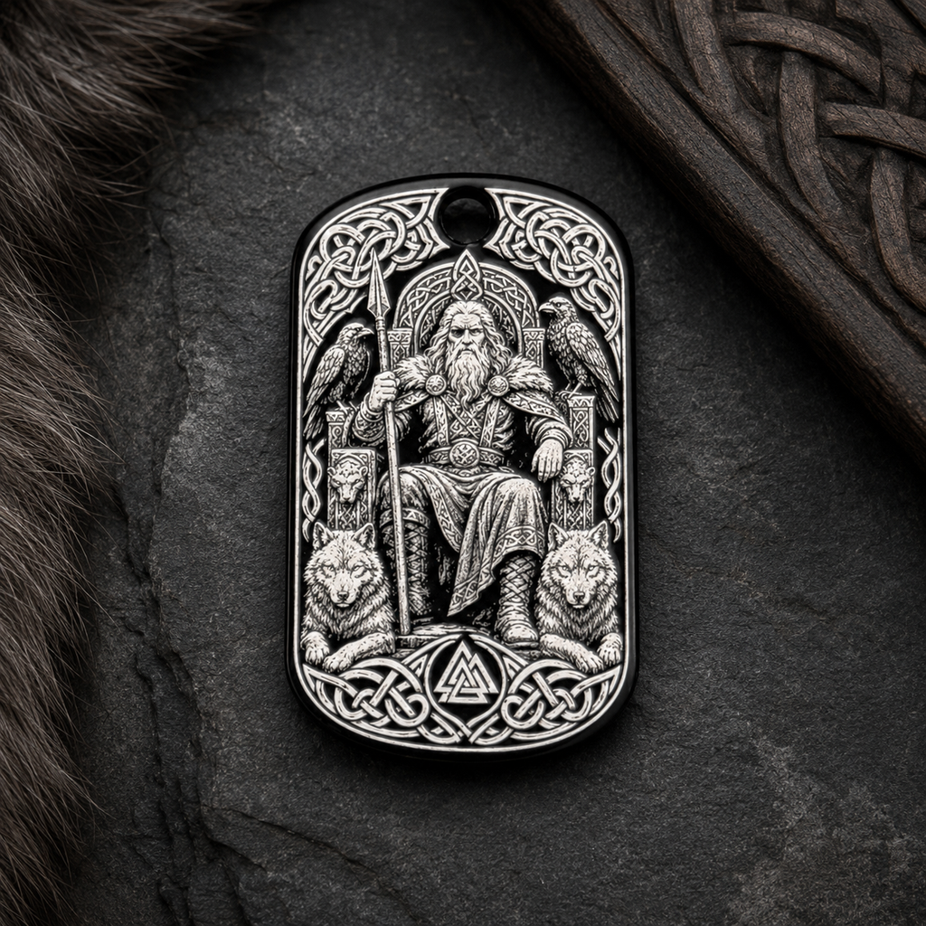 Odin auf dem Thron – Dog-Tag mit Raben und Wölfen